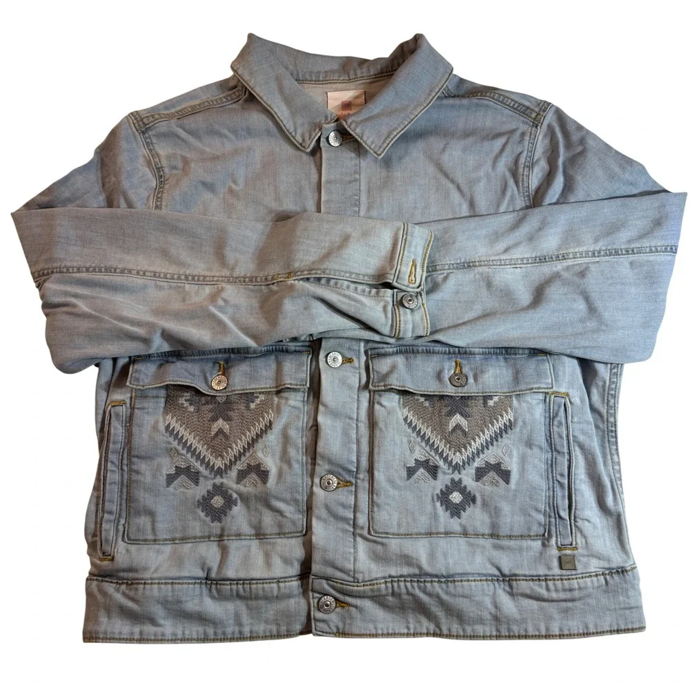 LuLaRoe Jaxson Denim Jacket Aztec Embroidery Blue Women's 2XL Boho Trucker‎ Y2K